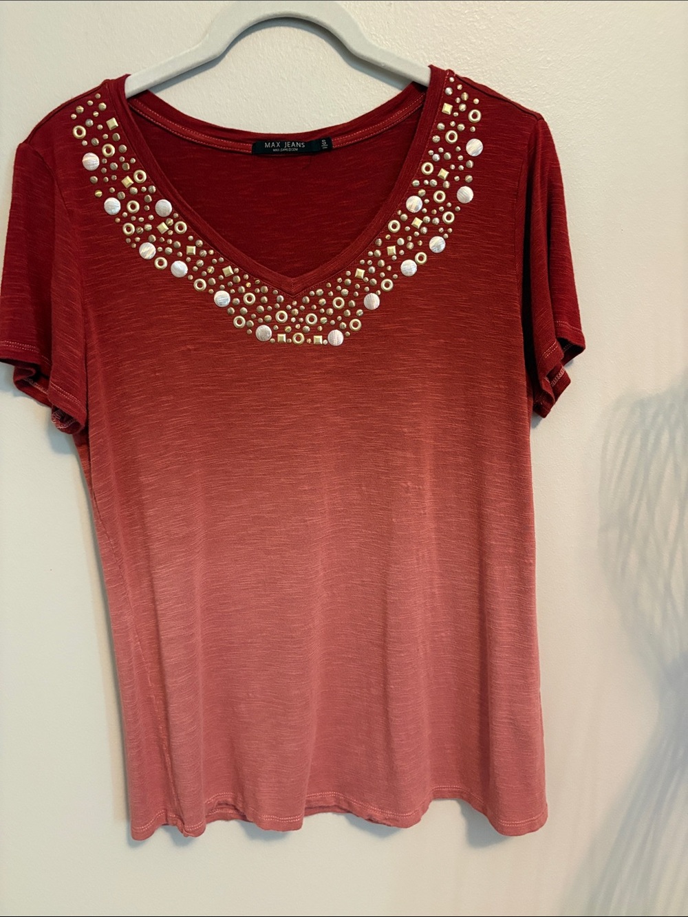 Max Jeans Rust Ombre V-Neck Short Sleeve Top with Silver and Gold Stud Trim